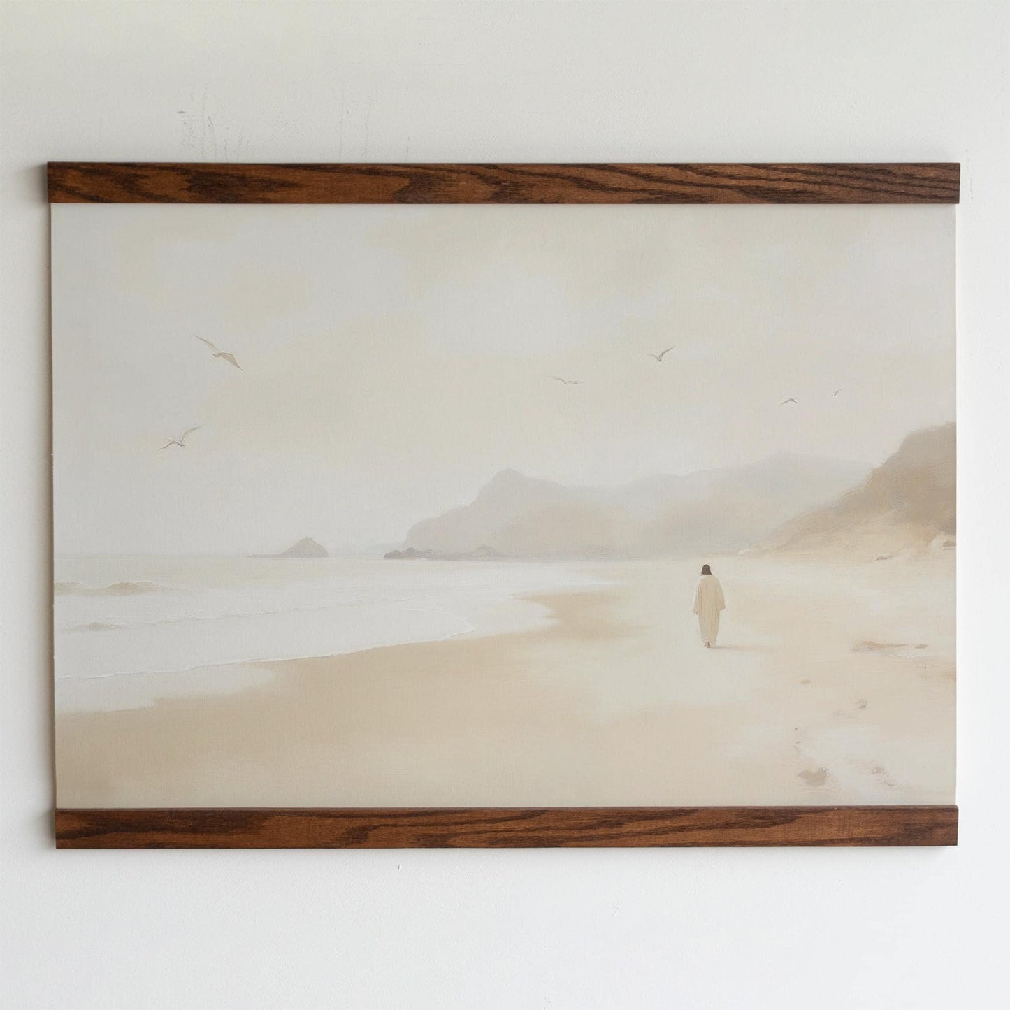 Jesus Walking Oak Tapestry | Beige Christian Wall Art | Follow Me Christian Tapestry | Faith Based Home Decor
