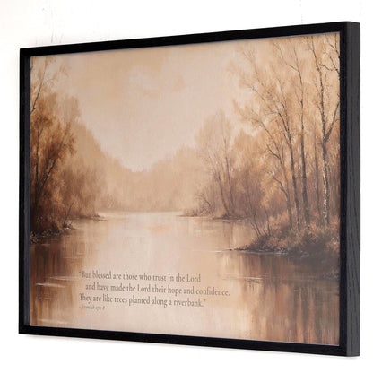 Framed Jeremiah 17:7 Scripture Wall Art | Bible Verse Trust In The Lord Art | Warm Tone Vintage Painting Scripture Canvas