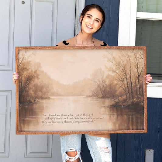 Framed Jeremiah 17:7 Scripture Wall Art | Bible Verse Trust In The Lord Art | Warm Tone Vintage Painting Scripture Canvas