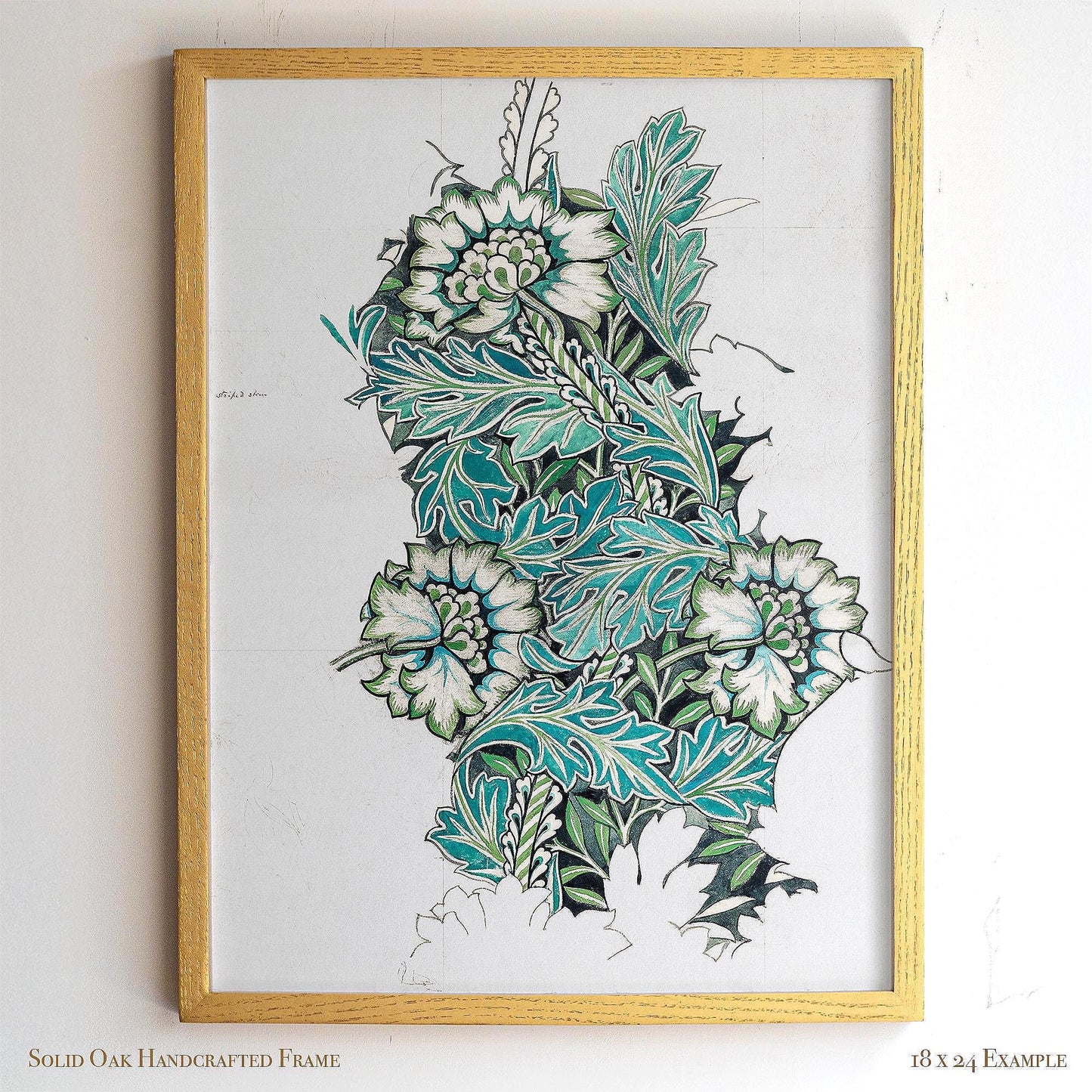 Framed Botanical Print | William Morris Design Sketch Wall Art | Green and Teal Vintage Artwork