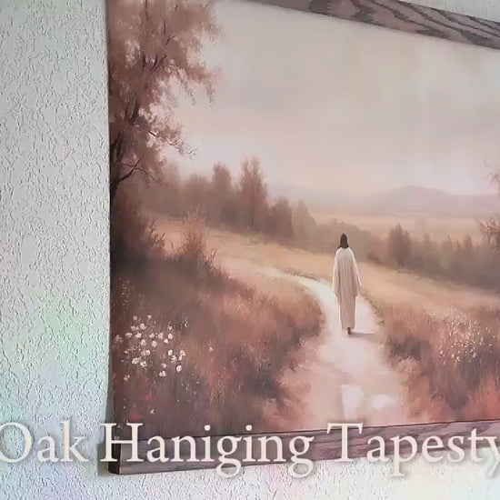 Jesus Walking Oak Tapestry | Beige Christian Wall Art | Follow Me Christian Tapestry | Faith Based Home Decor