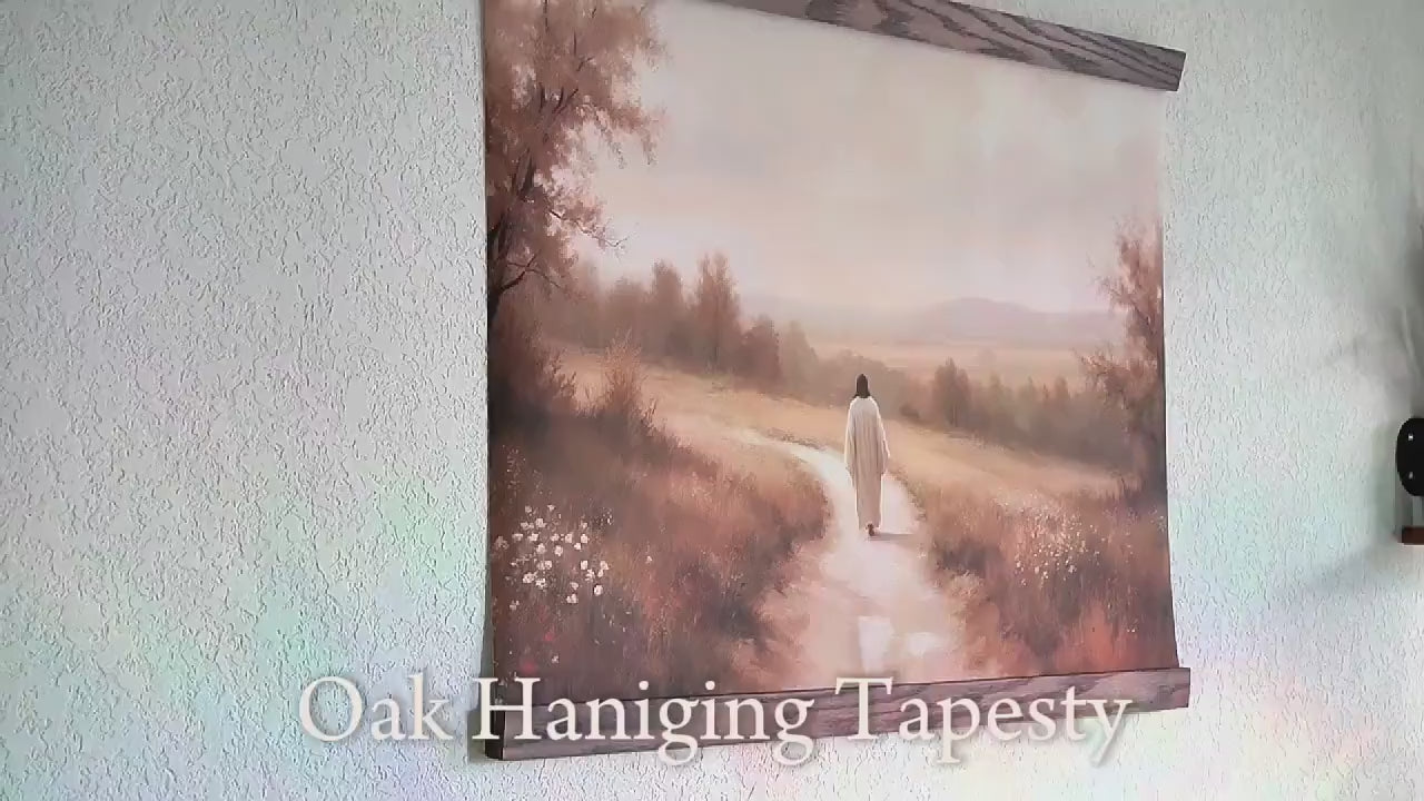 Jesus Walking Oak Tapestry | Beige Christian Wall Art | Follow Me Christian Tapestry | Faith Based Home Decor